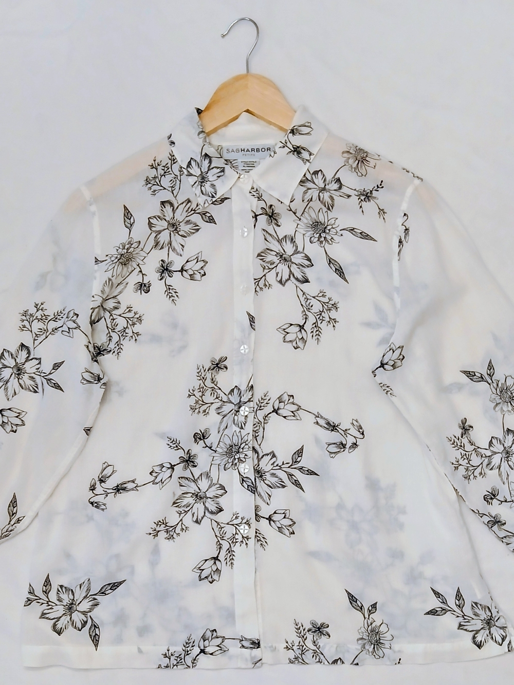 Sag Harbor White Button-Up Blouse with Black Floral Print